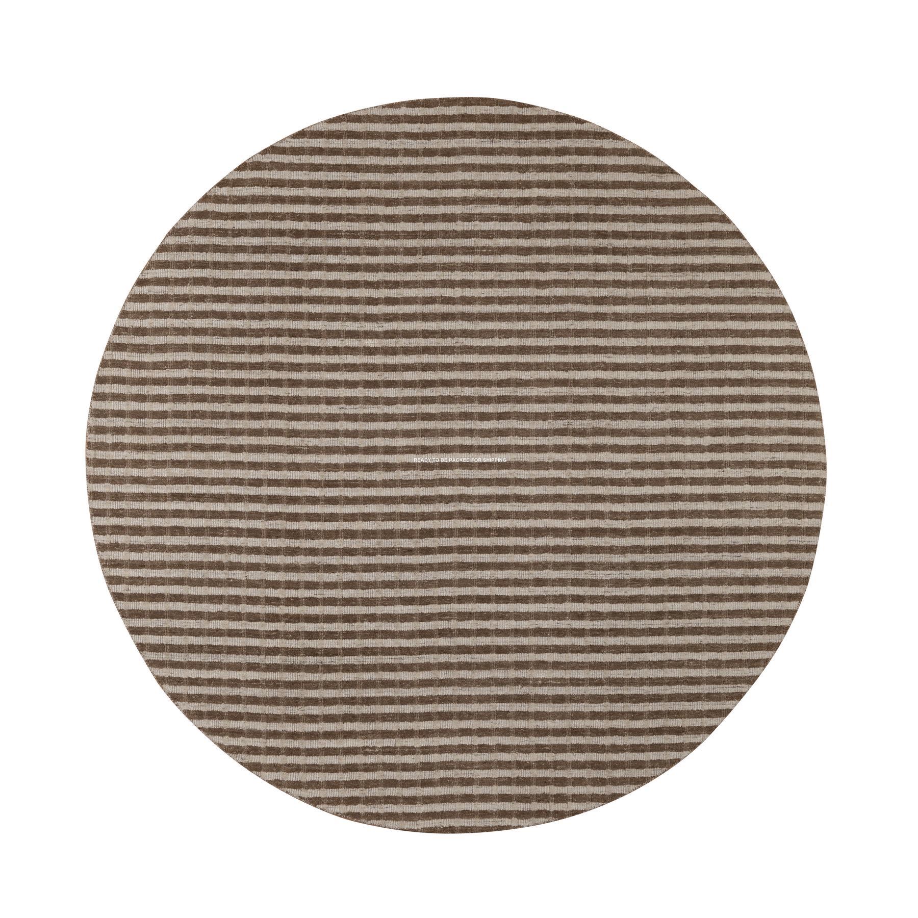 Tan and Chocolate Brown, Hand Loomed, Vertical Stripes Design with Salt and Pepper Effect, Undyed Natural Wool, Round, Oriental Rug